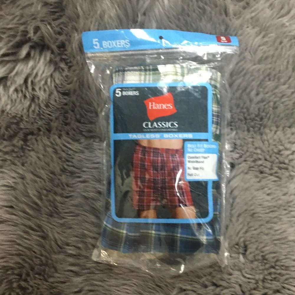 Hanes | Men's Tagless Boxers | 5 Pack | Blue, Green & White | Size Small